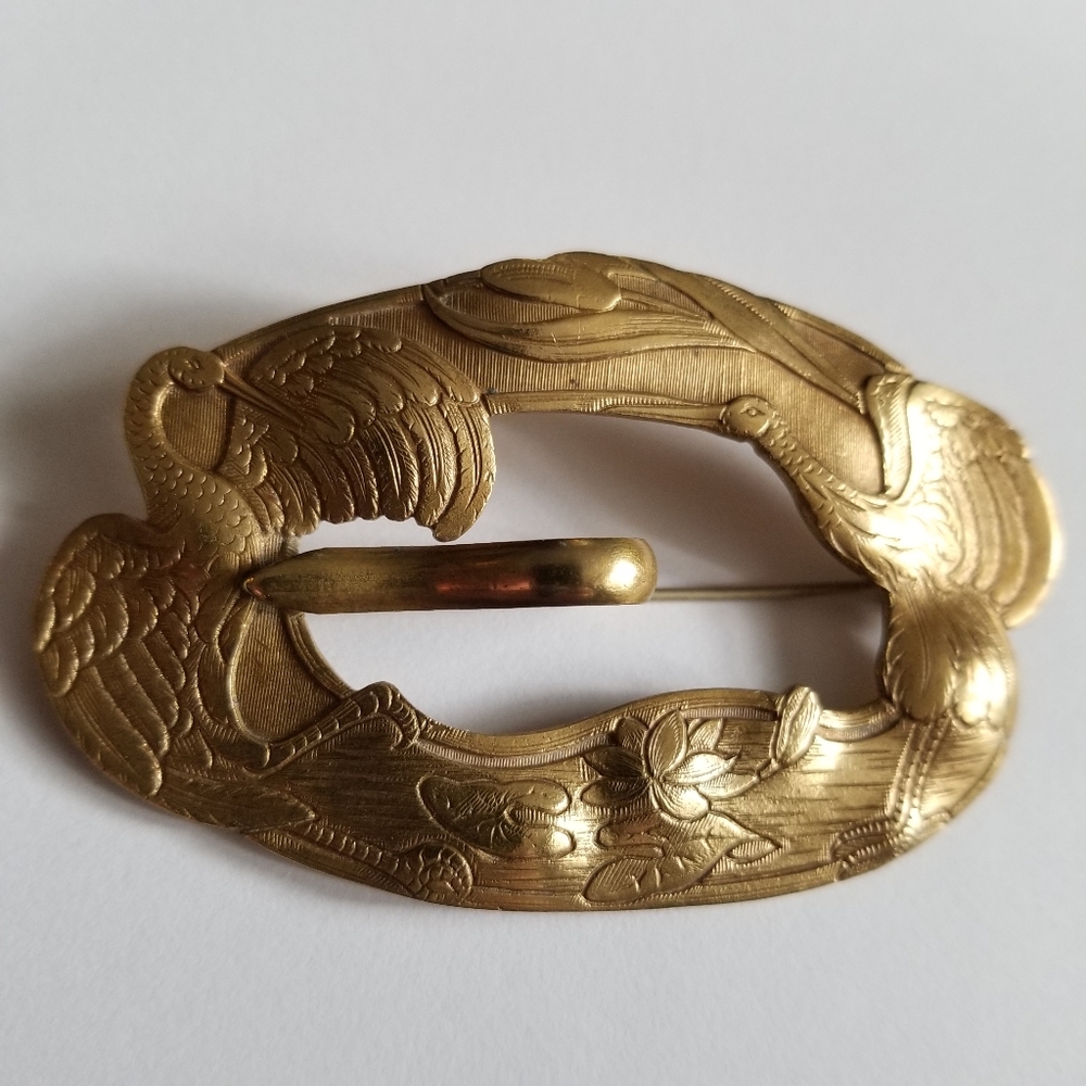 Relisted -Antique Edwardian crane lily pad sash brooch pin nouveau gold tone - Picture 10 of 17